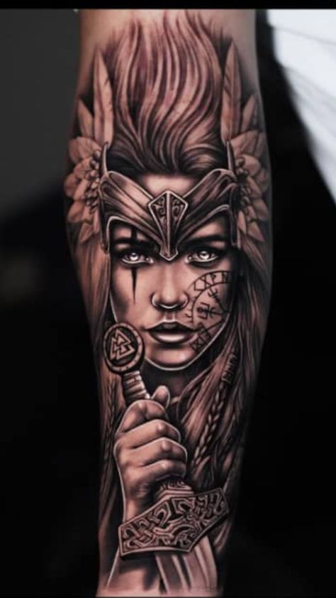 Female Viking Tattoo, Female Viking, Warrior Tattoo Sleeve, Arm Tattoos Drawing, Norse Mythology Tattoo, 30 Tattoo, Female Warrior Tattoo, Valkyrie Tattoo, Viking Tattoo Sleeve