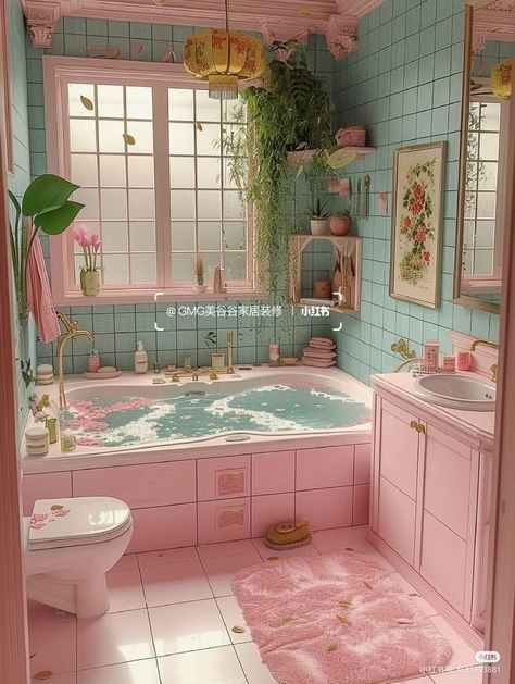 Pink Tub Bathroom Ideas, Pastel House Interior, Cute Bathroom Aesthetic, Cute Bathroom Ideas Aesthetic, Whimsical Home Interior, Cute Aesthetic House, Colorful Bathtub, Pastel Pink Bathroom, Bathroom Ideas Cute