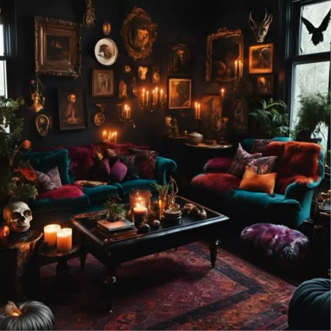 Magical & Maximalism Home Decor: Whimsigoth, Eclectic, and Witchy Vibes for Your Space | by Magical Maximalism🔮🏡✨ | Sep, 2024 | Medium Dark Victorian Living Room, Witchy Living Room, Dark Academia Living Room, Maximalism Home, Academia Interior, Chesterfield Sofa Living Room, Maximalism Decor, Dark Academia Interior, Academia Home