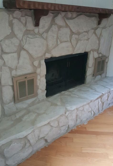 Paint A Stone Fireplace, Painted Rock Fireplaces, Whitewash Stone Fireplace, Prefab Fireplace, Fireplace Painting, Den Remodel, Fireplace Paint, Painted Stone Fireplace, Stone Fireplace Makeover