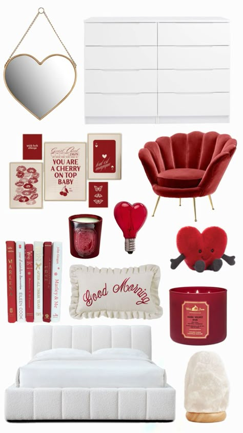 Red Apartment Decor, Red And Pink Bedroom, Girl Bedroom Aesthetic, Cherry Room, Red Tights Outfit, Red Room Decor, Pretty Dorm Room, Cherry Bedroom, Dorm Room Styles