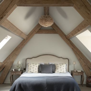 Bedroom Beams, Tea In Bed, Barn Conversion Interiors, Loft Conversion Bedroom, Barn Bedrooms, Border Oak, Attic Bedroom Designs, Barn Interior, Elements Design