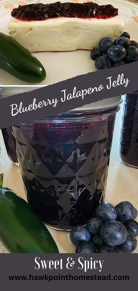 This sweet and spicy blueberry jalapeno jelly recipe is an easy recipe for making and canning such a delicious jelly. The blueberry jalapeno jelly wonderful to serve at any get-together. When paired with cream cheese and crackers, no one can resist! It can also be used as a delicious glaze on different meats, such as chicken and pork chops. Homemade jelly is such a great gift, especially this yummy pepper fruity jelly that can be used in so many delicious ways! Blueberry Hot Pepper Jelly, Blackberry Jalapeno Jelly, Blueberry Jams And Jellies, Blueberry Jalapeno Jam Canning Recipes, Blueberry Pepper Jelly, Blackberry Jalapeno Jam Jelly Recipes, Blackberry Pepper Jelly, Canning Jalapeno Peppers Jelly Recipes, Best Canning Recipes For Gifts