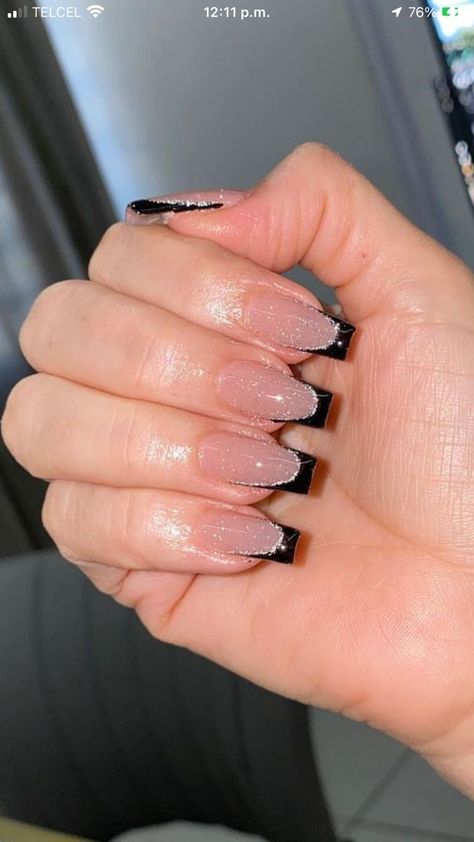 Nails That Go With Black Dress Simple, Homecoming Nails To Go With Black Dress, Hoco Nails Acrylic Coffin, Black Nails Inspiration Glitter, Glitter Black Nail Designs, Black French Tip Nails With Glitter Coffin, Cute Nails For A Black Dress, Black Nail With Pearls, Nails That Goes With Black Dress