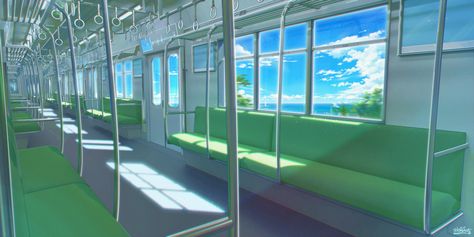 bright day traveling in japanese subway blue sky green Japanese Subway, Train Interior, Background References, Interior Window, Sky Green, Gacha Backgrounds, Pretty Artwork, City Background, Scenery Background