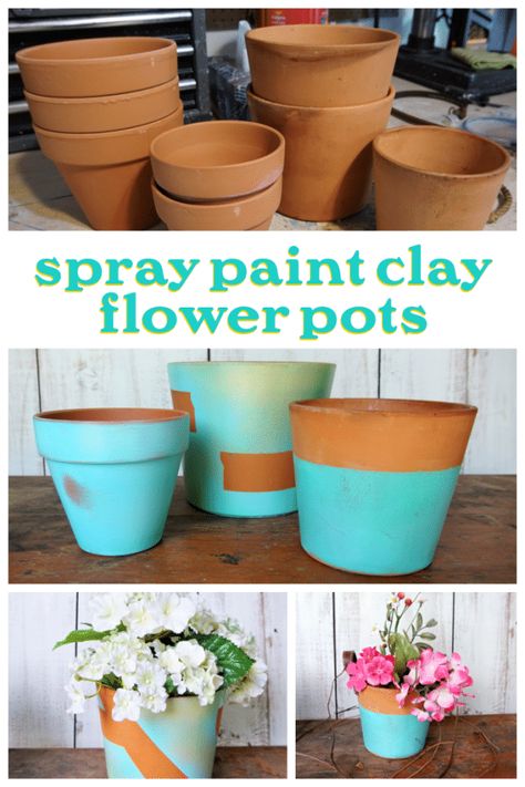 How To Spray Paint Terra Cotta Clay Flower Pots Flower Container Ideas, Busy Blanket, Fun Planters, How To Spray Paint, Recycled Diy, Terra Cotta Clay, Terra Cotta Clay Pots, Spray Paint Colors, Thrift Store Decor