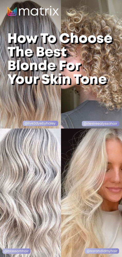 Discover what blonde shade looks best on you! To golden, icy, strawberry, or platinum blonde, here’s our blonde hair guide ✨💜 #matrix #hairblog #hair #blog #sosilver #blonde #silverhair #haircare #haircolor Blonde Shades Chart, Blonde Hair And Black Eyebrows, Ash Blonde Vs Platinum, Best Color For Greying Hair, Shades Of Blonde Chart, Cool Blonde Tones Shades, Cool Skin Blonde Hair, Ash Blonde Vs Golden Blonde, Beige Blonde Hair Color Formula