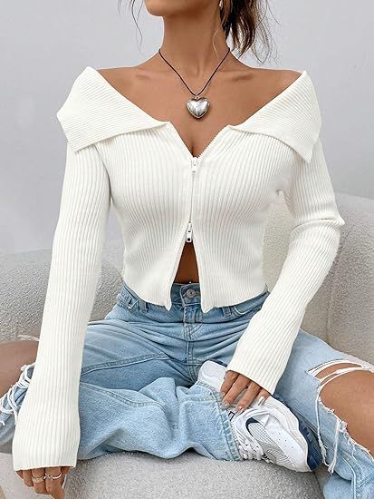 SweatyRocks Women's Off Shoulder Long Sleeve Ribbed Knit Cardigan Slim Fit Zip Up Collar Crop Tops Sweaters White Ribbed Crop Top Outfits, Crop Sweater Outfit, Cropped Sweater Outfit, Crop Top Designs, Rib Knit Cardigan, Shein Outfits, Crop Top Outfits, Prom Dresses Long With Sleeves, Crop Top Sweater