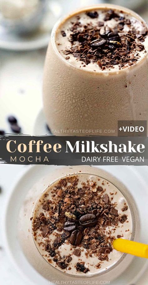 This coffee milkshake recipe enriched with espresso and chocolate hints has a nice and thick milkshake consistency due to the perfect ratio of liquid to ice cream. Not vegan? Just swap the ice cream. To whip up this vegan coffee milkshake recipe you need about 10 min and a blender. This rich espresso milkshake is for true coffee lovers, it will burst with coffee mocha flavor! #coffeemilkshake #veganmilkshake #chocolatemilkshake #espressomilkshake #dairyfree #milkshake #drink #dessert Espresso Milkshake, Steakhouse Burgers, Chocolate Ice Cream Milkshake, Thick Milkshake, Coffee Milkshake Recipe, Coffee Dessert Recipes, Dairy Free Milkshake, Milkshake Drink, Homemade Coffee Drinks