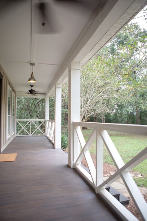 Cottage Style Porch Railings, X Railings Porch, Craftsman Style Front Porch Railings, Front Porch Balustrade, Chip And Dale Porch Railing, Covered Front Porch With Railing, Front Porch Railing Ideas Farmhouse Wood, Porches Without Railings, X Porch Railing