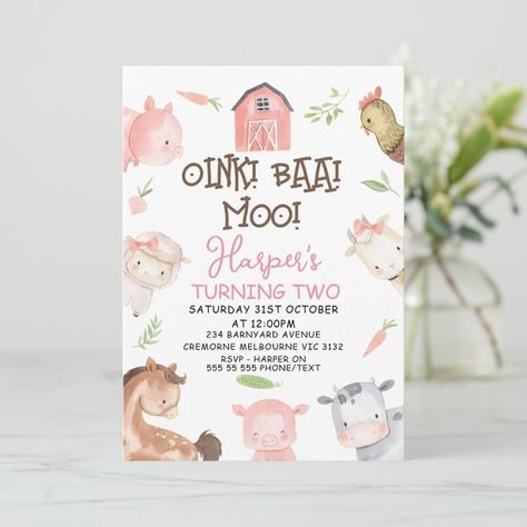 Pink Farm 2nd Birthday Party, Farm Birthday Invite, Farm Birthday Party Two, 2nd Birthday Party For Girl Farm Theme, Farm Party 2nd Birthday, Aesthetic Farm Birthday, Moo Moo Im 2 Birthday Party, Second Birthday Farm Theme Girl, 2nd Farm Birthday Party For Girl