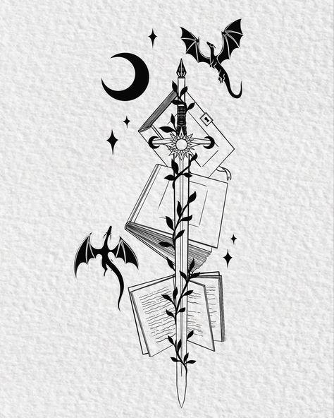 Dragon tattoo design with books Book Inspired Tattoos, Kraken Tattoo, Bookish Tattoos, Idee Cricut, Muster Tattoos, Fantasy Tattoos, Feminine Tattoo, Tattoo Style Drawings, Book Tattoo