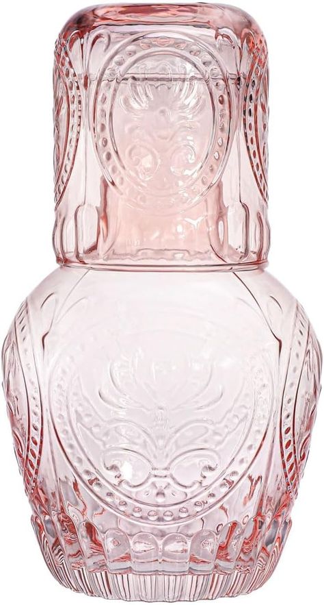 Amazon.com: RockTrend Retro Relief Glass Bedside Night Water Carafe with Tumbler Glass, Pitcher And Cup Night Set-Pink : Home & Kitchen Late Night Drinks, Bedside Water Carafe, Bedside Carafe, Carafe Set, Gifts For Anniversary, Water Carafe, Drinking Glass Sets, Tea Juice, Pitcher Set