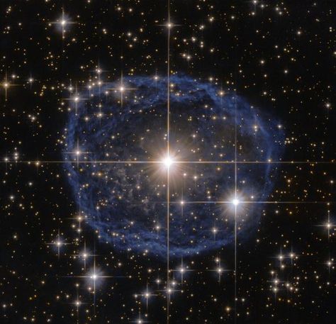 Picture of a Wolf-Rayet star Picture of a Wolf-Rayet star In a Bubble The Wolf-Rayet star WR 31a glimmers from about 30,000 light-years away, seen here by Hubble. The bluish nebula around it formed 20,000 years ago from the star’s shedded outer layers, and is expanding at 220,000 kilometers per hour. Hubble Space Telescope Images, Universe Images, Sky Watch, Hubble Telescope, Earth Pictures, Space Universe, Science Space, Space Photos, Hubble Space