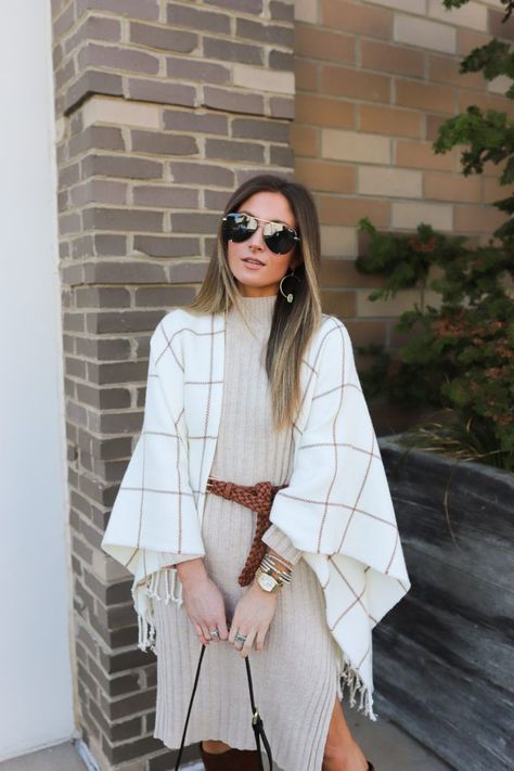 Poncho And Dress Outfit, Poncho With Dress Outfits, Poncho Dress Outfit, Cream Cape Poncho For Winter, Chic White Fall Poncho, Chic White Winter Poncho, Dress And Tall Boots, Winter Cream Poncho Cape, Cozy Cream Poncho