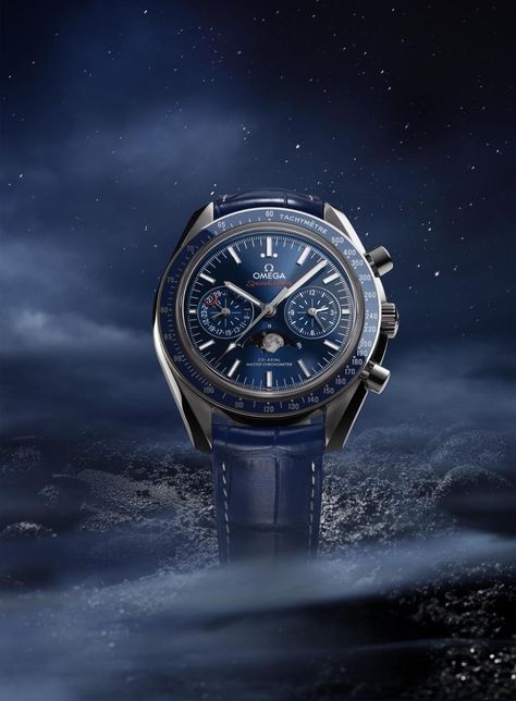 The Omega Speedmaster Moonphase features a stunning realistic moon phase against the background of a blue dial and ceramic bezel Moonphase Watch, Watch Photography, Watch Image, Omega Man, Omega Speedmaster Moonwatch, Watch Ideas, Omega Watches, Watch Ad, Blue Watches