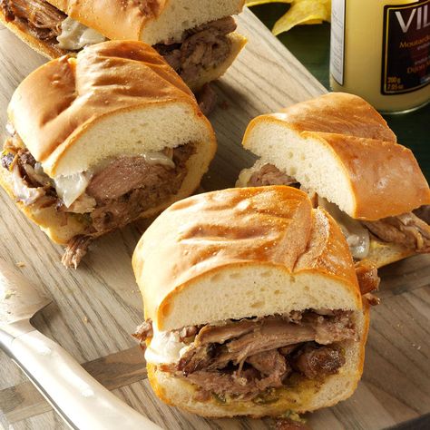 Cubano Pork Sandwiches Recipe -When a hungry crowd’s coming over, we plan a day ahead to make our juicy pork sandwiches. I call the sauce Mojo because it’s loaded with zingy flavors.—Theresa Yardas, Sheridan, Indiana Crockpot Sandwiches, Cubano Recipe, Crock Pot Sandwiches, Pork Sandwich Recipes, Barbecue Sandwiches, Crock Pot Slow Cooker Recipes, Cooking Projects, Pork Sandwiches, Chicken With Olives