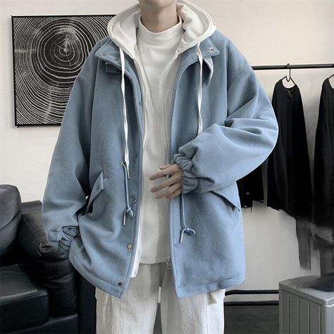 Blue Hoodie Outfit, Blue Outfit Men, Boy Aesthetic Outfits, Korean Street Fashion Men, Hoodie Outfit Men, Streetwear Hip Hop, Cool Outfits For Men, Hoodie Outfit, Harajuku Fashion Winter Couple, Hong Kong Style, Streetwear Hip Hop, Chic Tops, Running Shorts Women, Fall Outfits Men, 90s Streetwear, Casual Stripes, Woolen Coat