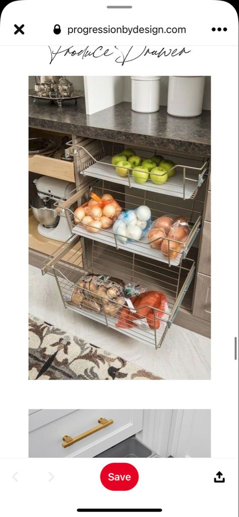 Kitchen Island Produce Storage, Built In Produce Storage, Produce Bins Kitchen, Vegetable Basket Kitchen Cabinets, Onion Kitchen Drawer, Vegetable Baskets For Kitchen Wicker, Produce Bin, Vegetable Rack, Produce Baskets