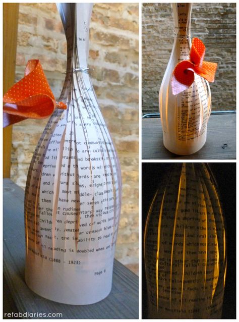 ReFab Diaries: Upcycle: Book Page Luminaries (Paper Bottles) Light Centerpieces, Sheet Music Decor, Book Decorations, Party Lighting, Old Book Crafts, Lighted Centerpieces, Upcycle Repurpose, Book Page Crafts, Upcycle Books