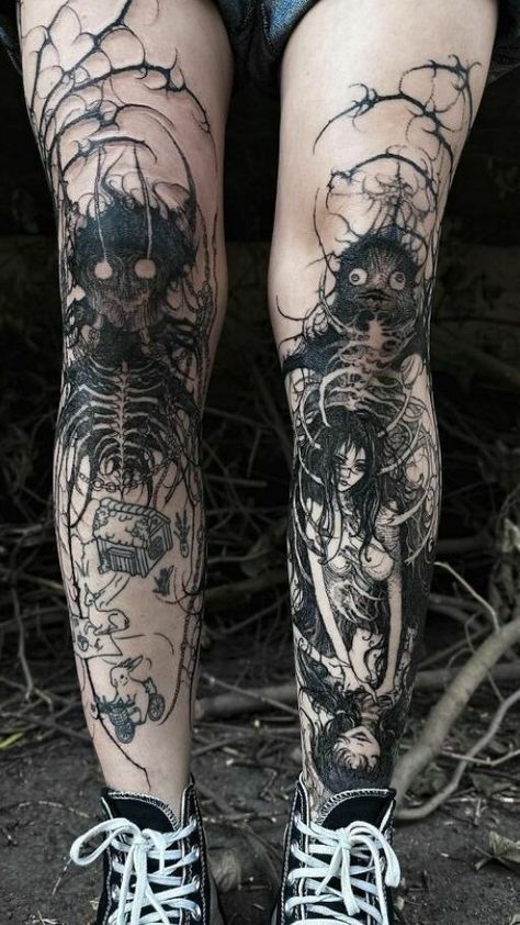 Dark And Creepy Tattoos, Skull Roots Tattoo, Alternative Leg Tattoos, Mens Dark Tattoo Ideas, Leg Pieces Tattoo, Gore Tattoo Design, Creepy Leg Tattoos, Scary Back Tattoos, Horrifying Tattoos