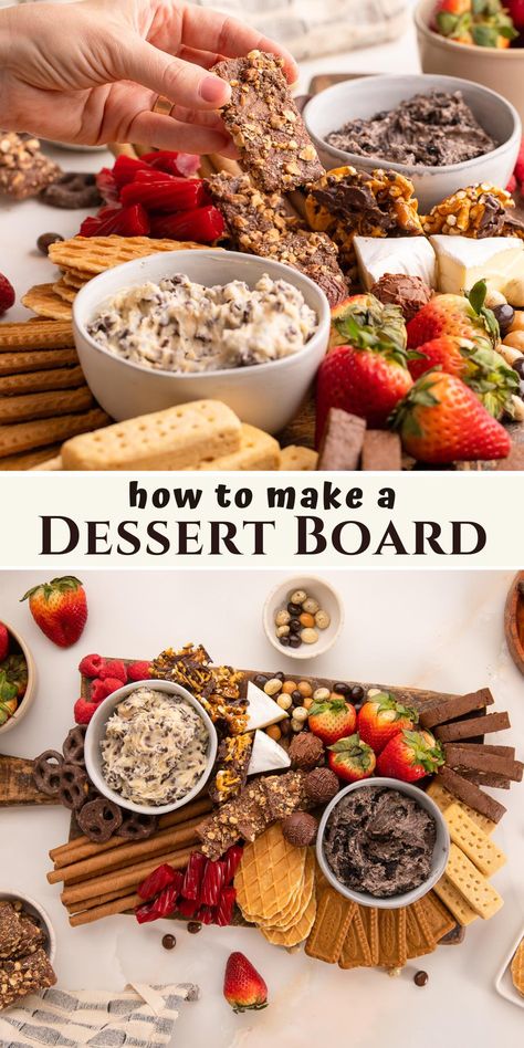 dessert charcuterie board from side and from top. Chacutery Board Ideas Desserts, Fancy Dessert Charcuterie Board, Aldi Dessert Charcuterie Board, Thanksgiving Charcuterie Desert Board, Fruit And Dessert Board, Fruit Dessert Board, Christmas Dessert Dip Board, Cookie And Brownie Charcuterie Board, Healthy Dessert Board