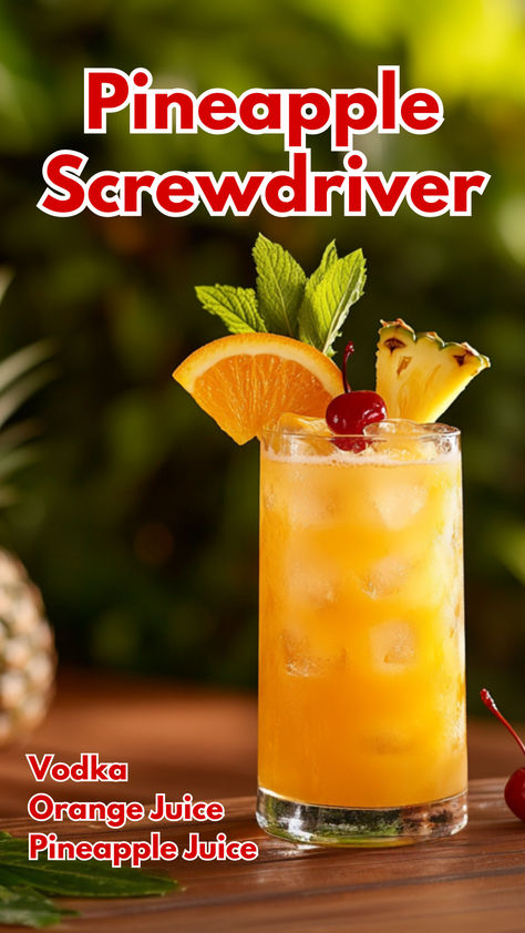 Pineapple Screwdriver Fruity Vodka Drinks Easy, Pineapple Refresher Recipe, Pineapple Vodka Cocktails, Pineapple Screwdriver, Pineapple Vodka Drinks, Fruity Vodka Drinks, Screwdriver Drink, Summer Blended Drinks, Pineapple Cocktails