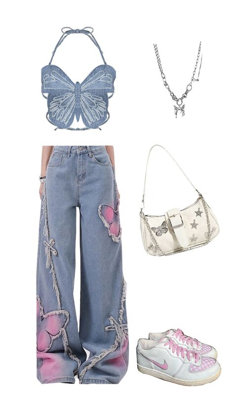 Butterfly Denim with a Hint of Pink Outfit Butterfly Top Outfit, Denim Butterfly, Butterfly Outfit, Svt Concert, Butterfly Top, Outfit Jeans, Concert Fits, Top Outfit, Jean Top