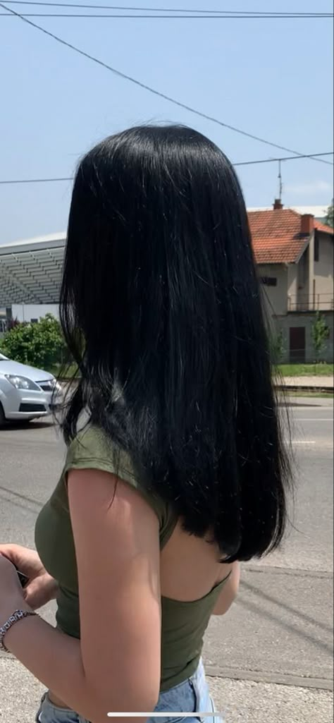 Long Black Hair Middle Part, Layers Black Hair Medium, Long Hair With Minimal Layers, Med Length Black Hair, Mid Length Hair With Layers Black, Medium Jet Black Hair, Straight Medium Layered Hair, Jet Black Medium Length Hair, Black Straight Hair Aesthetic