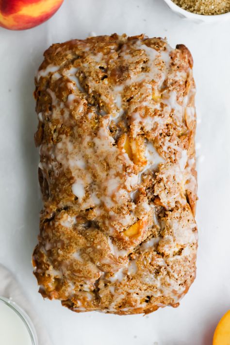 glazed sweet peach bread Peach Breakfast Bread, Peach Bread With Frozen Peaches, Peach Quick Bread Recipes Easy, Fall Peach Recipes, Peach Fritter Bread, Healthy Peach Bread, Peach Bread With Fresh Peaches, Banana Peach Bread Recipe, Cinnamon Peach Bread