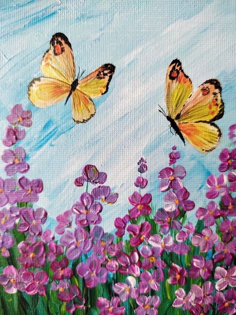 Butterfly In Acrylic Painting, Butterfly With Flowers Painting, Mini Butterfly Painting, Butterfly On Flower Painting, Flower Bed Painting, Impasto Painting Easy, Butterfly And Flower Painting, Flower Butterfly Painting, Spring Canvas Painting