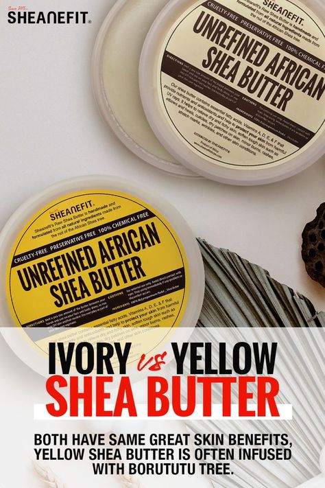 Sheanefit offers both Ivory color and yellow colored shea butter. They are both unrefined shea butter, but yellow shea butter are often infused with a tree bark from Borututu tree, which gives a yellow to dark yellow color. 

They are both unrefined with lots of skincare benefits. Unrefined Shea Butter, Skincare Benefits, Natural Alternatives, Nut Butters, Dark Yellow, Essential Fatty Acids, Tree Bark, Color Free, Fragrance Free