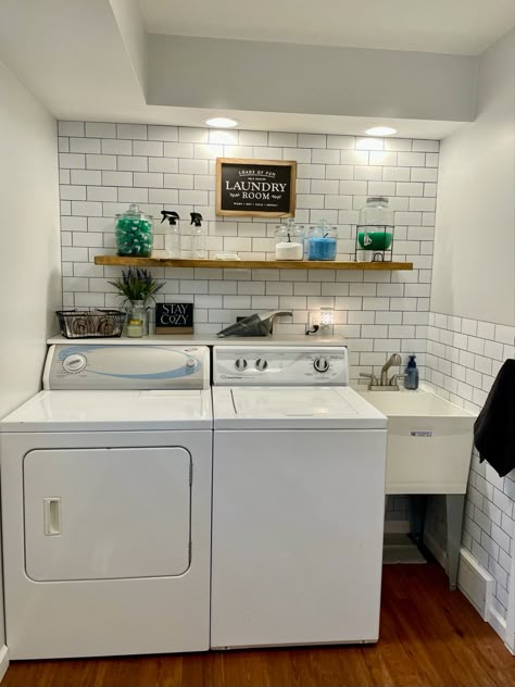 Sink In Small Laundry Room, Laundry Room Ideas With Utility Sink, Tiny Laundry Room With Sink, Small Laundry Room With Freezer, Pantry With Utility Sink, Laundry Room Ideas Floating Shelves, Top Loader Laundry Room With Sink, Cute Small Laundry Room Ideas, Laundry Room Makeover With Sink