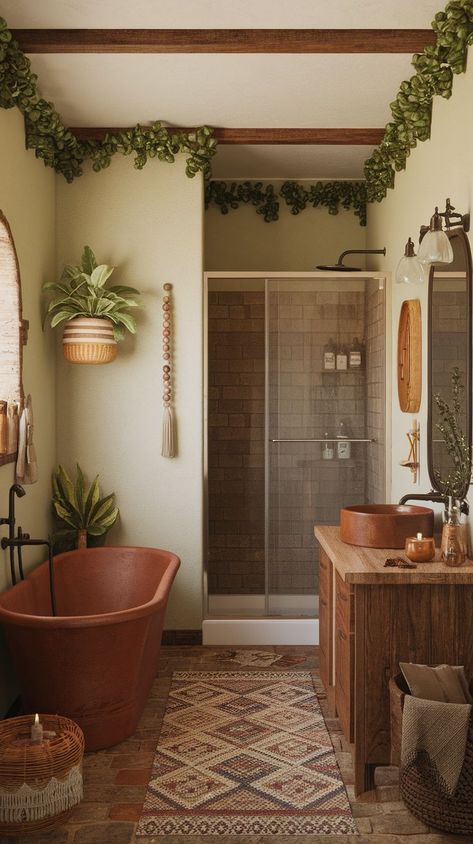 Transform your bathroom into a chic and cozy retreat with these 15 Western boho bathroom ideas. From earthy tones and rustic elements to bohemian accents like macrame and eclectic decor, create a relaxed, stylish space that exudes personality and warmth. Find inspiration for every detail, including tiles, textiles, and accessories to enhance your bathroom’s charm. Boho Bathroom Color Schemes, Earthy Modern Bathroom, Bathroom Earth Tones, Bathroom Aesthetic Ideas, Western Chic Decor, Colorful Boho Bathroom, Western Boho Bathroom, Earth Tone Bathroom, Cozy Bathroom Ideas