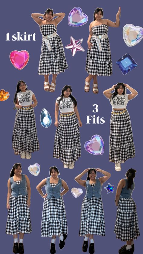 Gingham skirt, denim vest, graphic tee, black loafers, maxi skirt, maxi dress, fashion ideas, ootd, clothing inspo, girly outfit, simple outfits, easy outfit, cute outfit, y2k outfit Check Dress Outfit, Gingham Skirt Outfit, Denim Vest Outfit, Gingham Outfit, Maxi Skirt Outfit, Fit Checks, Outfit Simple, Girly Outfit, Gingham Skirt