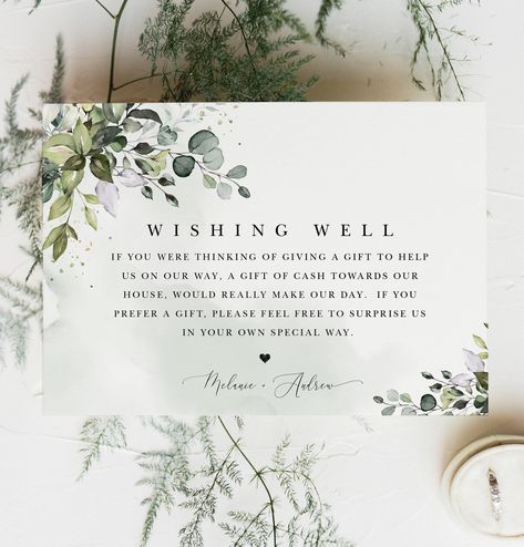 Greenery Wishing Well Card | Wedding Gift Request Wishing Well Template | Boho Wedding Insert | Editable Template DIY #MCD500 Wishing Well Poems, In Lieu Of Gifts, Wishing Well Wedding, Simple Wedding Flowers, Budget Friendly Wedding, Signature Drinks Sign, Engagement Party Decorations, Wedding Budget, Bridesmaid Style