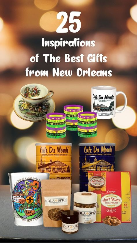 New Orleans has a long list of things to bring home as souvenirs and gifts. If you are currently looking for the most iconic gifts from New Orleans, check out 25 gift ideas for you to start with. #giftsfromneworleans #bestgiftsfromneworleans #neworleans #neworleansaesthetic #neworleansthingstodoin #neworleansoutfit New Orleans Gift Basket Ideas, New Orleans Souvenirs, Cafe Du Monde Coffee, New Orleans Pralines, 25 Gift Ideas, Mardi Gras Party Decorations, Food Wedding Favors, Awesome Things To Buy, Louisiana Style