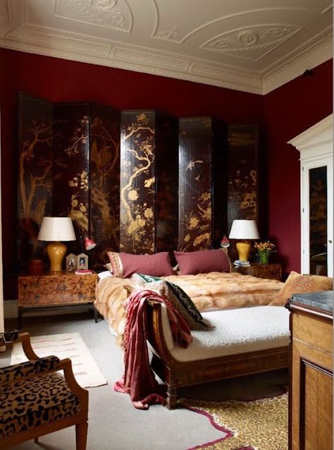 Eye For Design: Burgundy Colored Interiors, On Trend and Beautiful Eclectic Bedroom, London Apartment, In The Corner, Red Walls, The Bedroom, Eclectic Style, Decoration Design, Midcentury Modern, Home Interior