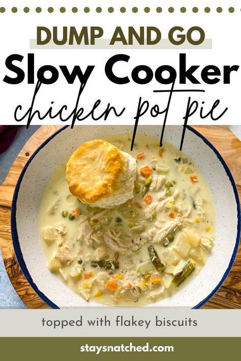 This Slow Cooker Crockpot Chicken Pot Pie recipe will remind you of the classic filling inside a pot pie, but with less work. Simply dump your ingredients in the pot and go. Top it with flaky biscuits or pie crust. Macncheese Recipe, Striping Tape Nail Art, Slow Cooker Chicken Pot Pie, Crockpot Chicken Pot Pie, Chicken Pot Pie Recipe, Chicken Pot Pie Soup, Fluffy Biscuits, Course Ideas, Pot Pie Recipe