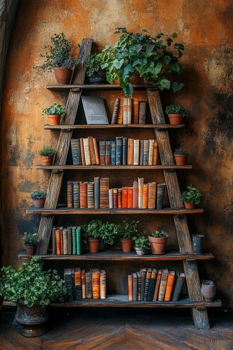 Old Book Shelf, Ladder Bookshelves, Bookshelves Aesthetic, Wooden Ladders, Bookshelf Designs, Natural Shelves, Book Shelf Ideas, Unique Bookshelves, Rustic Bookshelf