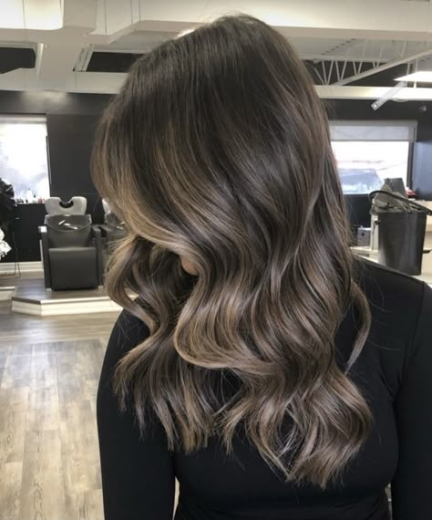 Dark Brunette Hair With Ash Blonde Highlights, Hair Color Burnett, Saddle Brown Hair Color, Ash Brown With Caramel Highlights, Baylage Hair 2023, Black To Ash Brown Balayage, Neutral Light Brown Balayage, Brunette Ash Balayage Hair, Brown Balayage Hair Ash