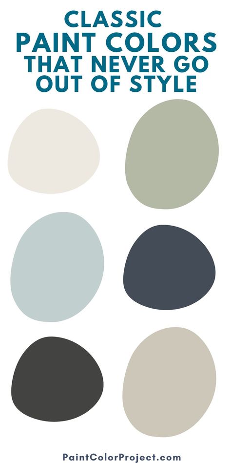 Want to paint your home in a timeless color scheme? Here are a ton of classic paint colors that never go out of style! Classic Whole House Color Palette, Transitional Paint Palette, Modern Colonial Paint Colors, Contemporary Farmhouse Color Palette, Colonial Wall Colors, Classic Paint Colors Interior Design, Classy Paint Colors, Pnw Paint Colors, Classic Paint Colors For Home