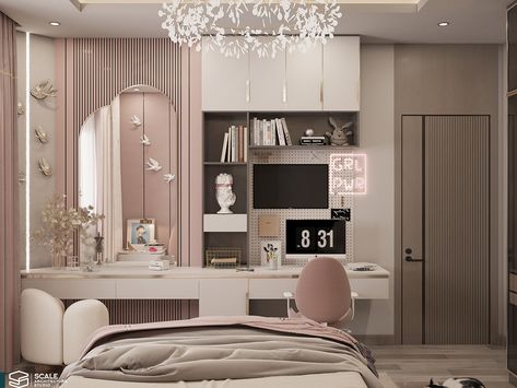 Modern Unique Bedroom Design, Wall With Wallpaper, Pink Bedroom Design, Room Decor Design, Bedroom Design Styles, Unique Bedroom Design, Vray Render, Daughter Bedroom, Modern Kids Bedroom