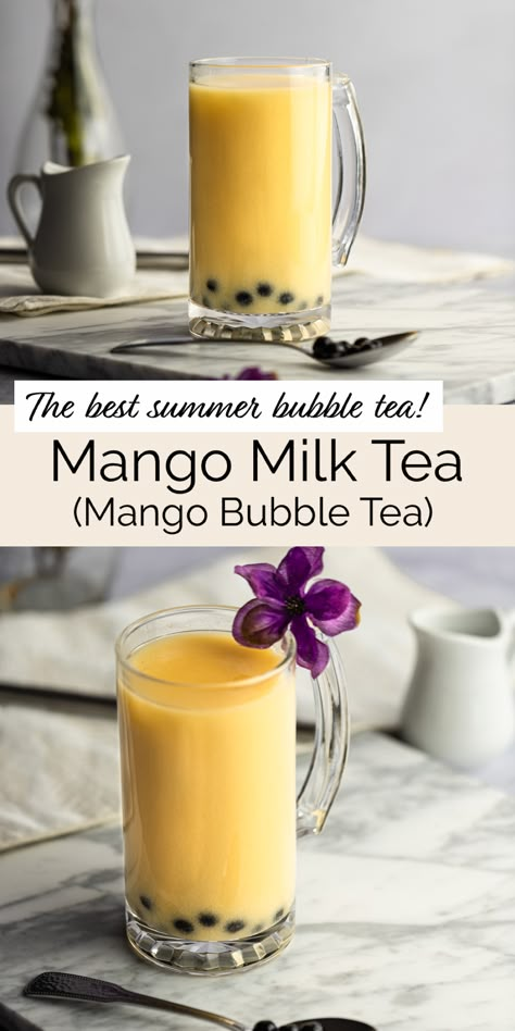 This fruity mango milk tea recipe is the perfect bubble tea drink for summer. Easy to make, just as good as a bubble tea store version, and so much cheaper than buying it from the store! Mango Milk Tea Recipe, Mango Milk Tea, Milk Boba Tea, Bubble Tea Store, Green Tea Milk, Milk Tea Recipe, Drink For Summer, Boba Recipe, Boba Tea Recipe