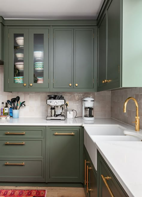 Read all about this bespoke kitchen project we completed in Notting Hill with sage green cabinetry, brass hardware and the most stunning walk-in pantry/still-room! #bespokekitchens #herringbonekitchens #bespokecabinetry #greenkitchens #brasstap #boilingwatertap # belfastsink #doublesink #ceramicsink #paintecabinetry #paintedkitchen #tiledkitchen #tiledsplashback Sage Kitchen, Green Kitchen Designs, Sage Green Kitchen, Green Kitchen Cabinets, Green Cabinets, Kitchen Cabinet Colors, Kitchen Farmhouse, Kitchen Inspiration Design, Kitchen Redo