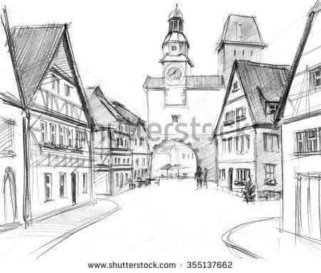 Old Town Illustration, Old Village Drawing, Medieval Town Drawing, Town Drawing Buildings, Town Square Drawing, Small Village Drawing, Town Drawing Easy, Town Drawing Simple, Small Town Drawing