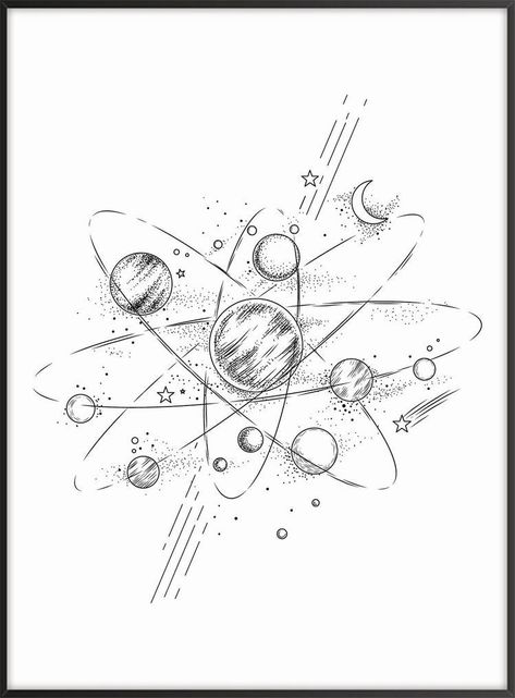 Planet System Tattoo, Solar System Hip Tattoo, Planets Tattoo Solar System, Planet Sketches Solar System, Planets Line Art, Space Line Drawing, Cool Space Drawings, Solar System Sketch, Computer Illustration Design