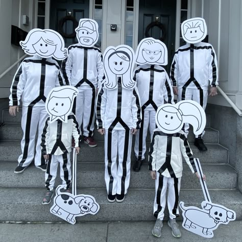 Stick Figures Costume, Stick People Halloween Costume, Stick Family Costume, Stick Figure Costume Diy, Stick Person Costume, Stick People Costume, Diy Group Costumes, Stick Figure Halloween Costume, Stick Man Costume