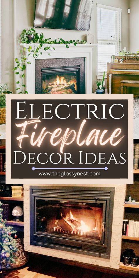 electric fireplace inserts for basement, living room with plants Electric Fireplace Ideas Apartment, Gold Fireplace Decor, Diy Built In Fireplace Electric, Fireplace Ideas Farmhouse, Fireplaces Traditional, Boho Electric, Electric Fireplace Decor, Gold Fireplace, Small Electric Fireplace