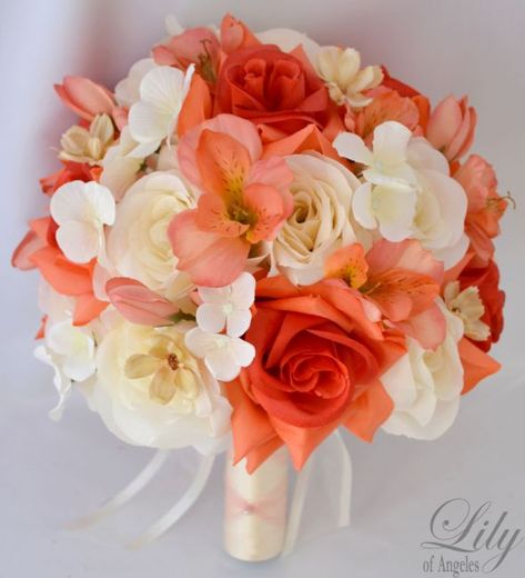 Bridal Bouquet Coral, Orange Bridesmaid, Silk Flower Bouquets, Coral Wedding, Diy Wedding Bouquet, Orange Wedding, Bouquets Wedding, Wedding Bridal Bouquets, Bouquet Ideas